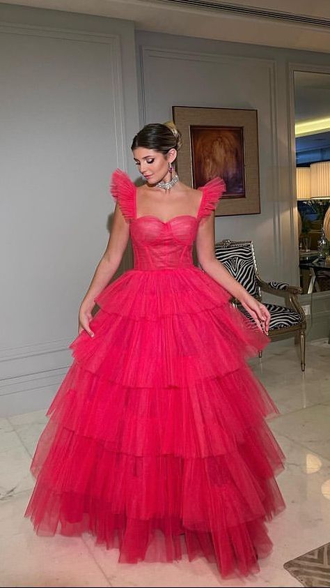 Hot Pink Tulle A-line Straps Long Evening Prom Dresses P1913