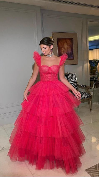 Hot Pink Tulle A-line Straps Long Evening Prom Dresses P1913