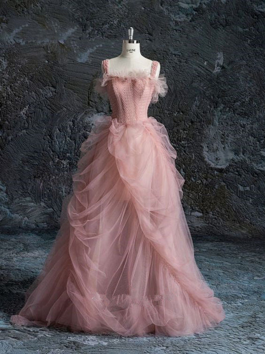 Fairy Ball Gown Straps Pink Tulle Prom Dresses For Teens P1928