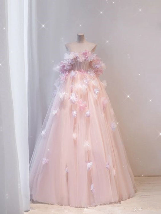 Fairy Ball Gown Strapless Pink Tulle Prom Dresses Long Party Dress P1935