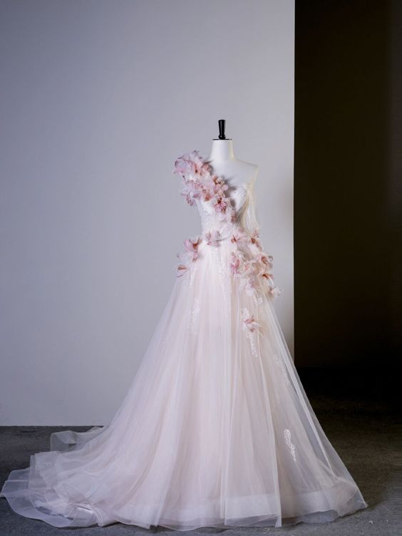 Fairy Ball Gown One Shoulder Pink Tulle Prom Dresses Long Party Dress P1936