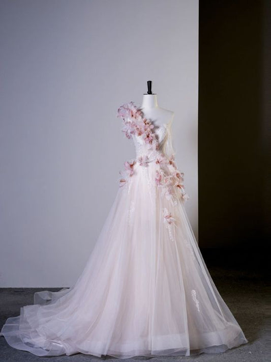 Fairy Ball Gown One Shoulder Pink Tulle Prom Dresses Long Party Dress P1936