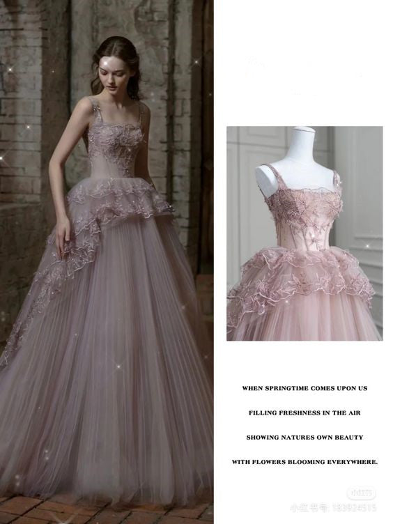 Fairy Ball Gown Straps Pink Tulle Prom Dresses Long Party Dress P1939
