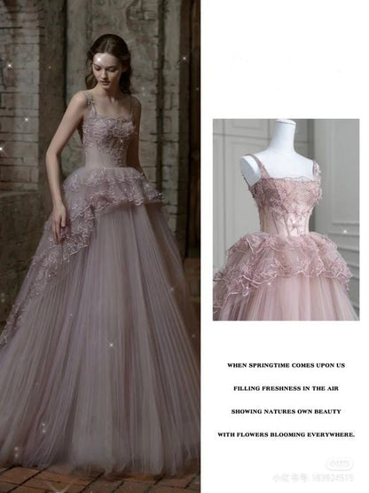 Fairy Ball Gown Straps Pink Tulle Prom Dresses Long Party Dress P1939