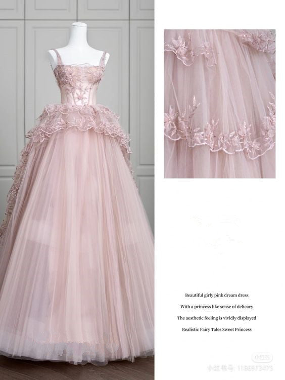 Fairy Ball Gown Straps Pink Tulle Prom Dresses Long Party Dress P1939