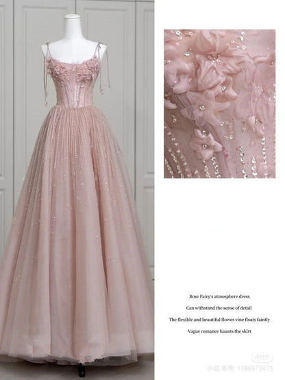 Fairy Ball Gown Straps Pink Tulle Prom Dresses Long Evening Dress P1940