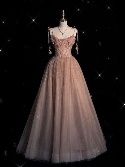 Fairy Ball Gown Straps Pink Tulle Prom Dresses Long Evening Dress P1940