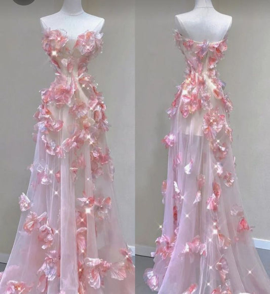 Fairy Ball Gown Strapless Pink Floral Prom Dresses Long Evening Dress P1941