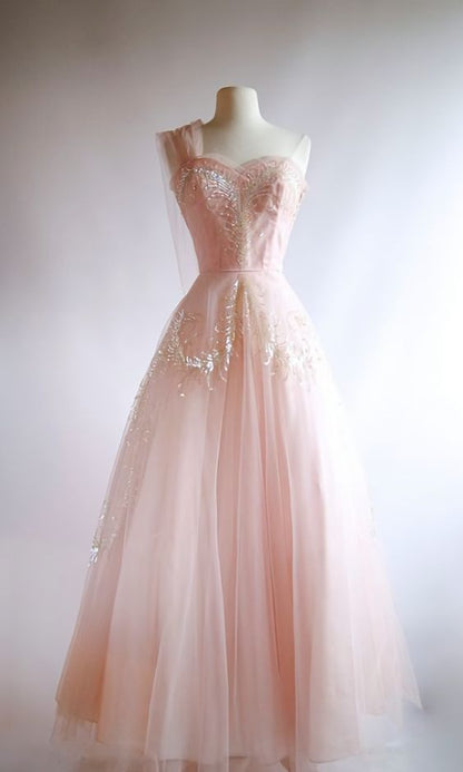 Fairy Ball Gown One Shoulder Pink Lace Prom Dresses Ankel Length Evening Dress P1944