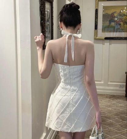 chic a-line satin halter short homecoming dress 18th birthday outfits P1950