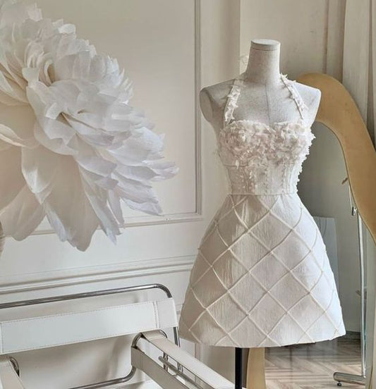 chic a-line satin halter short homecoming dress 18th birthday outfits P1950