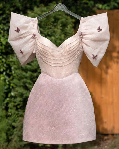 chic glitter a-line v-neck puff sleeves gown beaded short homecoming dress Birthday Outfits P1957