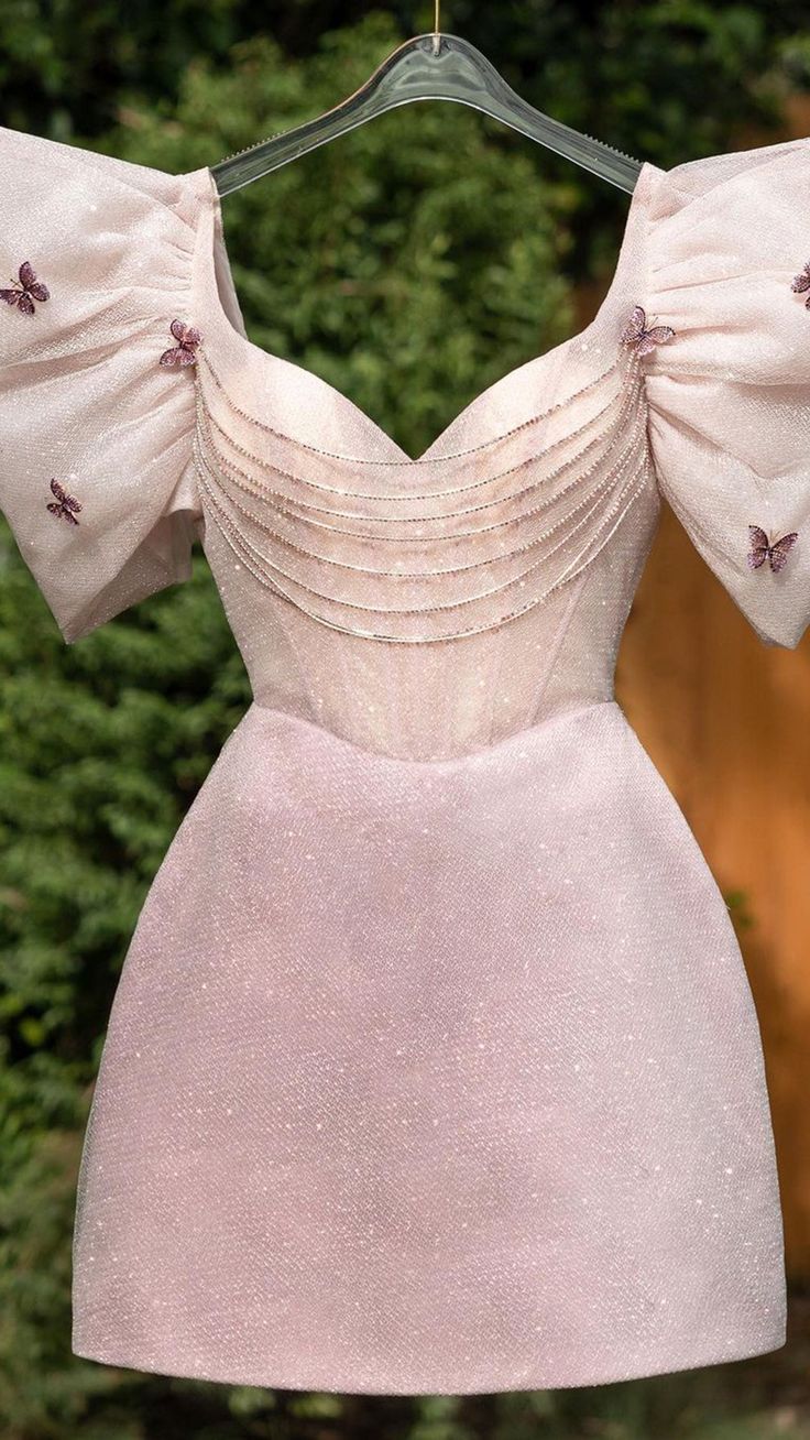 chic glitter a-line v-neck puff sleeves gown beaded short homecoming dress Birthday Outfits P1957