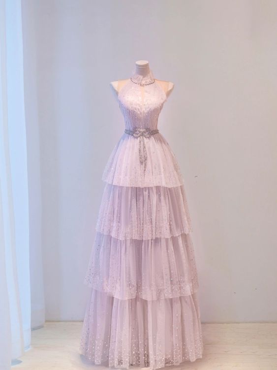 Fairy A line High Neckline Pink Long Tulle Prom Dresses 22th Birthday Outfit P1963