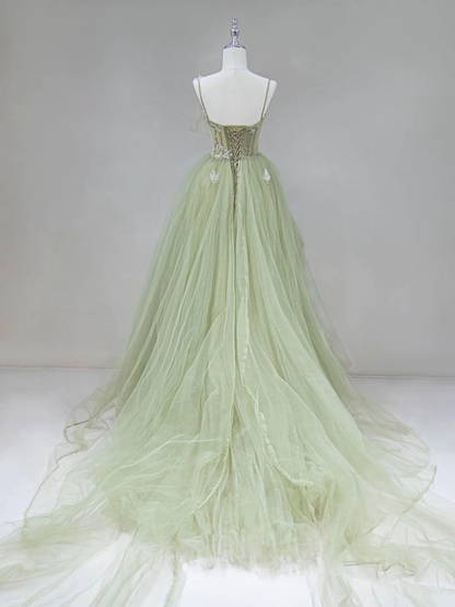 Tulle Long Prom Dress A-Line Green Long Evening Dress P1976