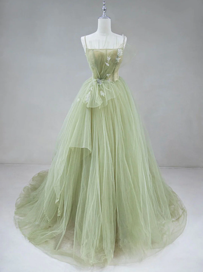 Tulle Long Prom Dress A-Line Green Long Evening Dress P1976