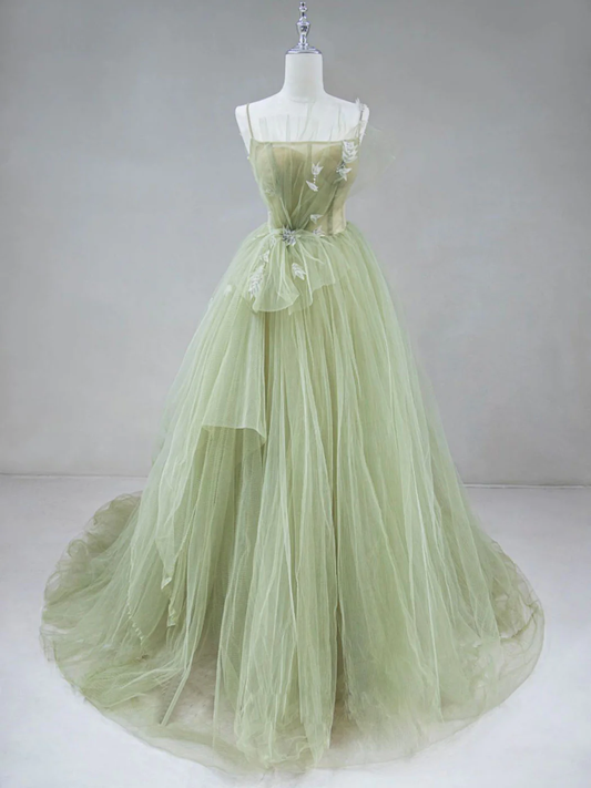 Tulle Long Prom Dress A-Line Green Long Evening Dress P1976