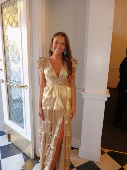 Gold Fashion Elegant Simple A-line Layered Long Sexy Slit Satin Ball Gown Evening Dress gh3461