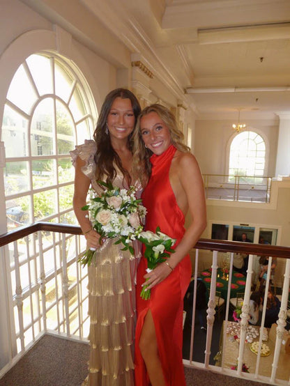 Gold Fashion Elegant Simple A-line Layered Long Sexy Slit Satin Ball Gown Evening Dress gh3461