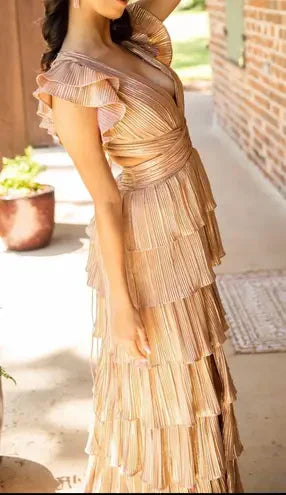Gold Fashion Elegant Simple A-line Layered Long Sexy Slit Satin Ball Gown Evening Dress gh3461
