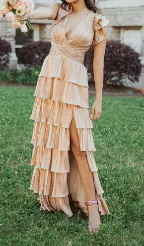 Gold Fashion Elegant Simple A-line Layered Long Sexy Slit Satin Ball Gown Evening Dress gh3461