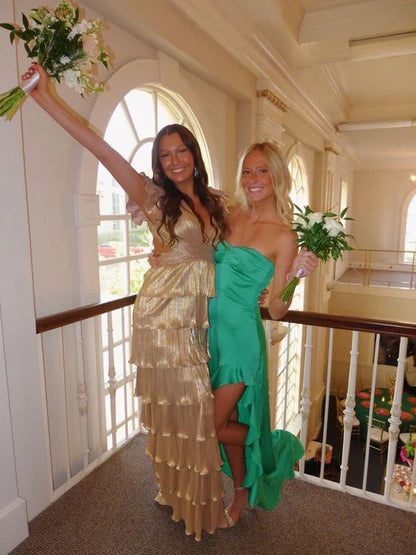 Gold Fashion Elegant Simple A-line Layered Long Sexy Slit Satin Ball Gown Evening Dress gh3461