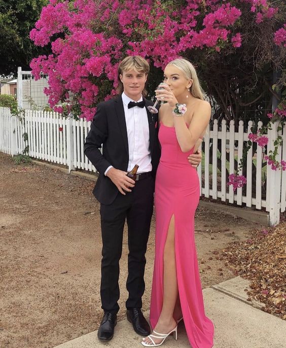 Sexy Sheath Straps Pink Slit Prom Dresses Evening Dress P2006