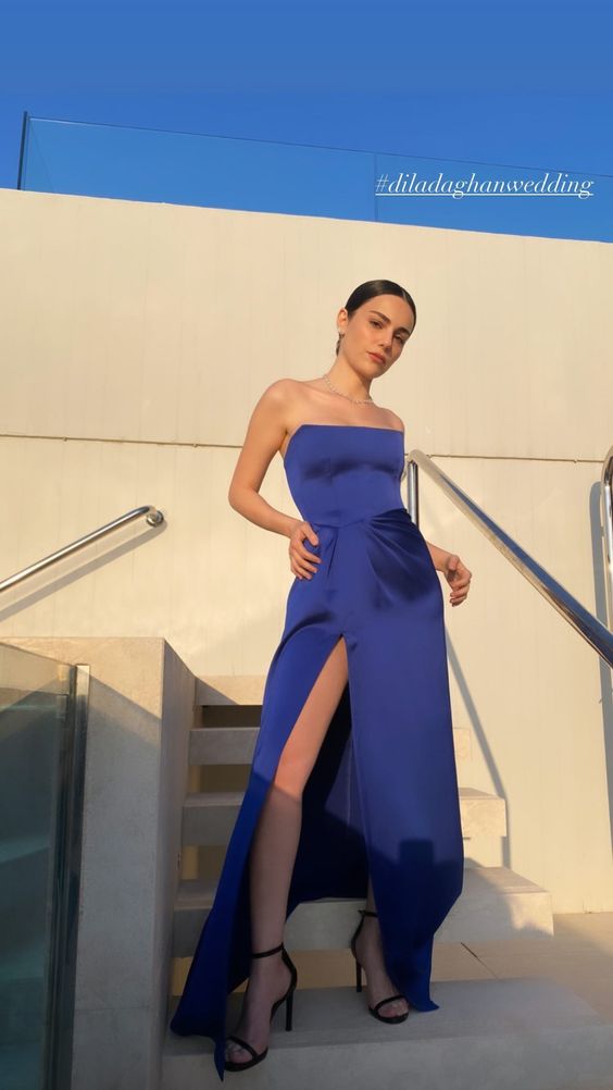 Sexy Sheath Strapless Royal Blue Slit Prom Dresses Evening Dress P2009