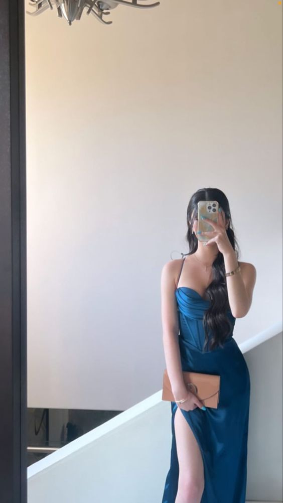 Sexy Sheath Straps Blue Slit Prom Dresses Evening Dress P2010