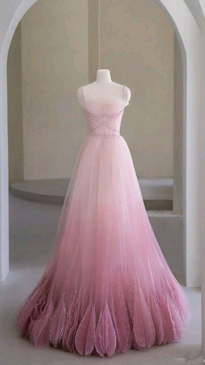 Princess A Line Pink Tulle Prom Dresses Long Evening Dress P2028