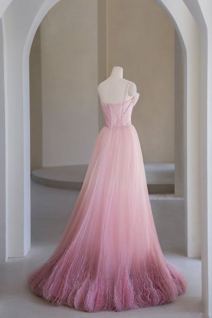 Princess A Line Pink Tulle Prom Dresses Long Evening Dress P2028