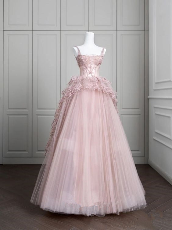 Princess Ball Gown Pink Tulle Prom Dresses Long Evening Dress P2029