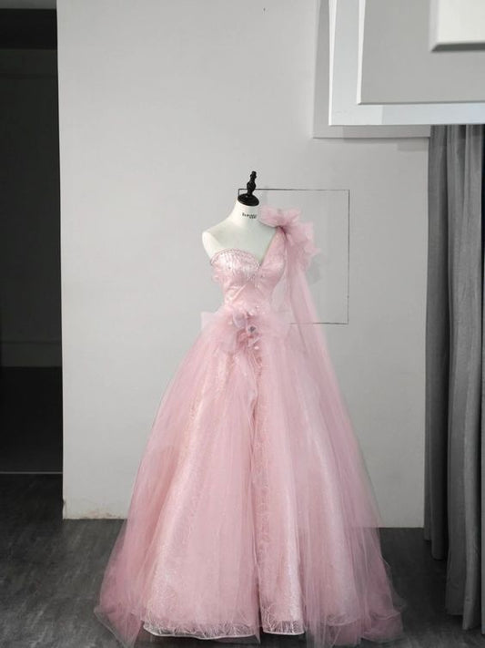 Ball Gown One Shoulder Pink Tulle Prom Dresses Evening Dress P2031