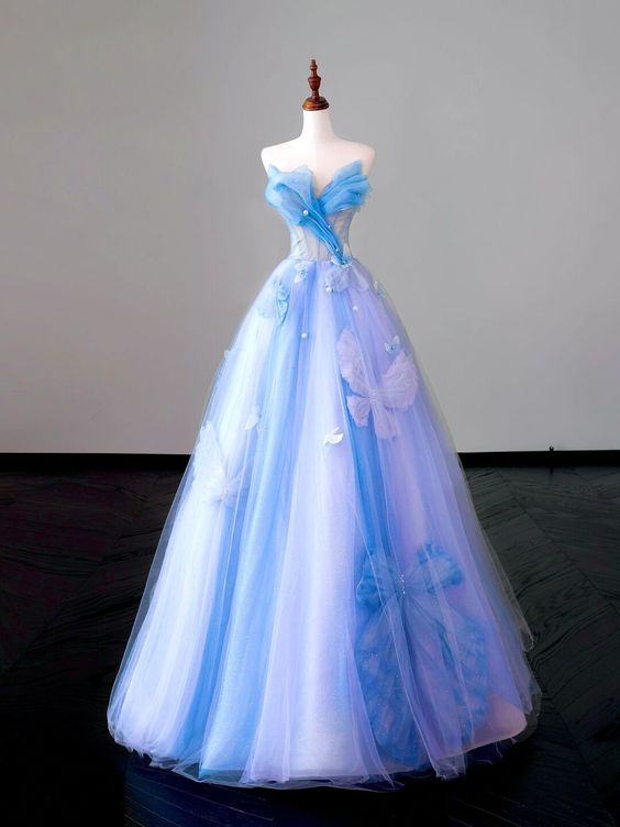 Fairy A line Strapless Blue Prom Dresses Evening Dress P2048