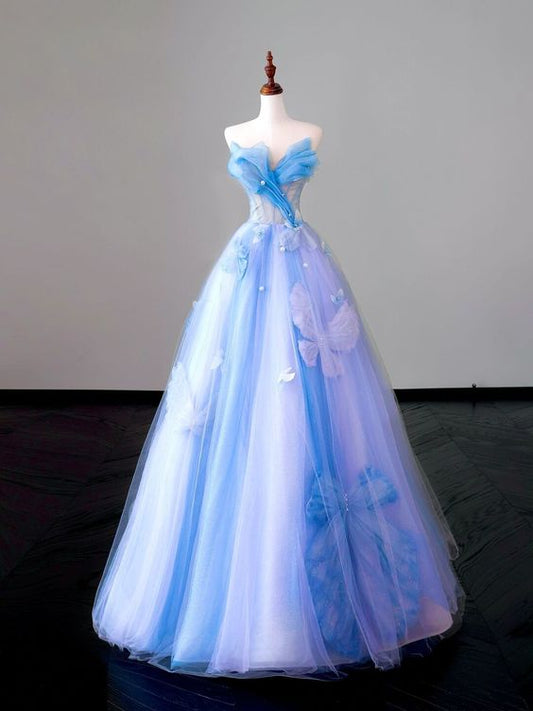 Fairy A line Strapless Blue Prom Dresses Evening Dress P2048