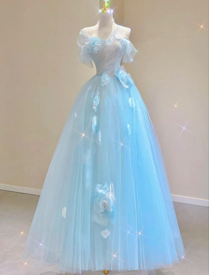 Fairy A line Blue Floral Prom Dresses Evening Dress P2057