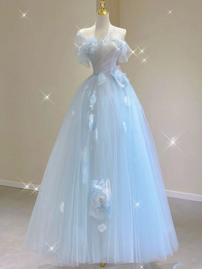 Fairy A line Blue Floral Prom Dresses Evening Dress P2057