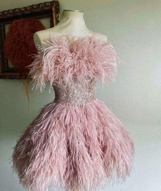 vintage a line pink homecoming dress feather 18th birthday outfits P2082