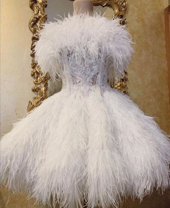vintage a line white homecoming dress feather 18th birthday outfits P2083