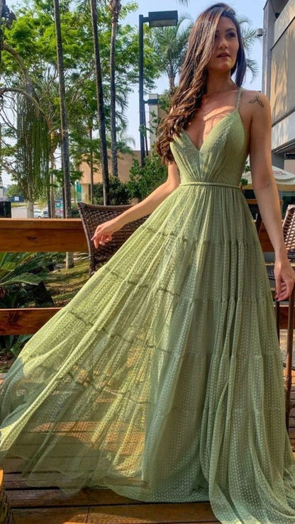 Sexy A Line Straps Sage Green Tulle Prom Dresses 21th Birthday Outfit P2102