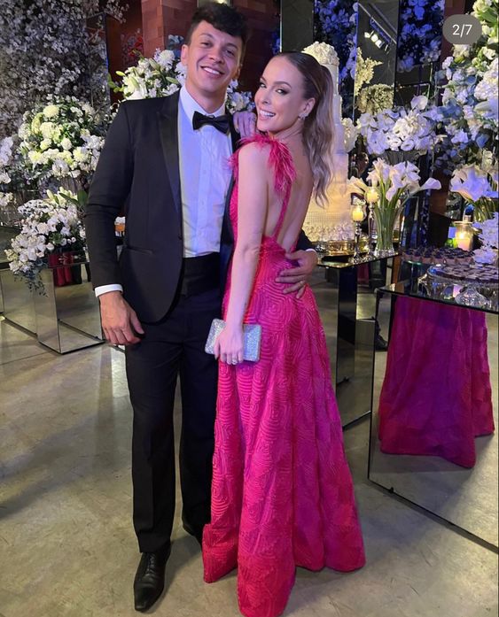 Sexy A line Long Hot Pink Lace Prom Dress Party Dress 22th Birthday Outfits P2114