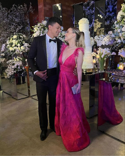 Sexy A line Long Hot Pink Lace Prom Dress Party Dress 22th Birthday Outfits P2114