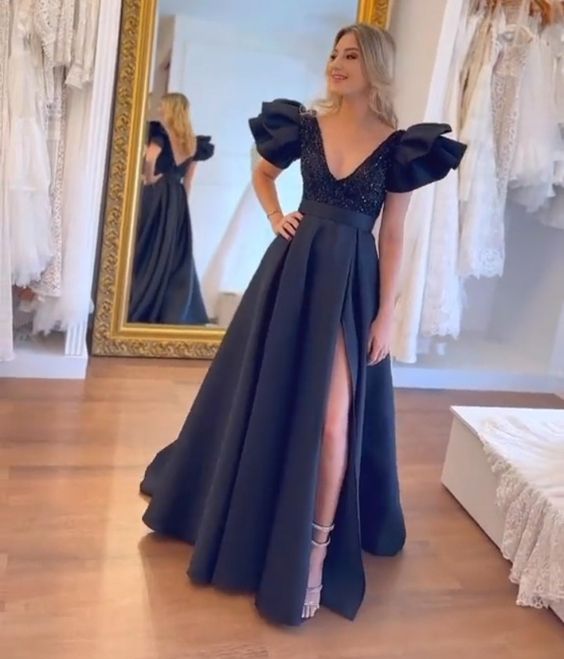 Sexy A line Long Navy Blue Prom Dress Party Dress 22th Birthday Outfits P2116