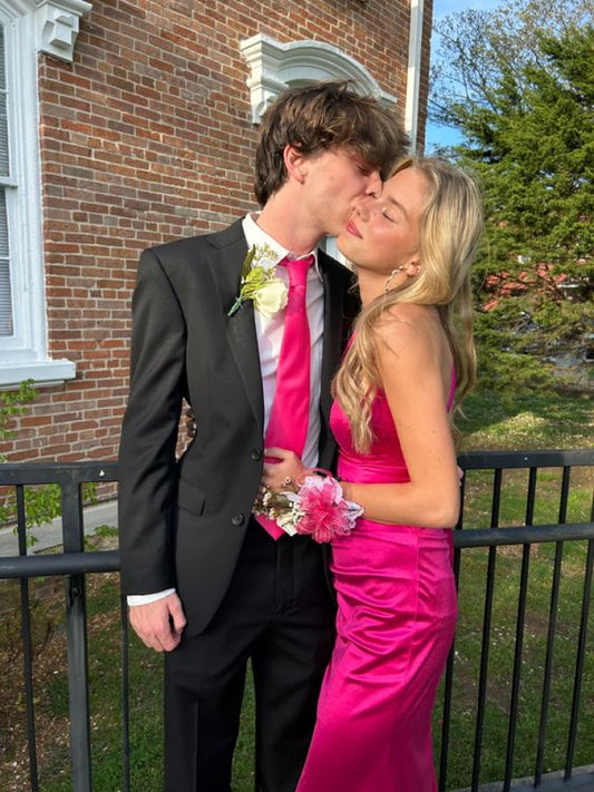 Hot Pink Sexy Fashion V Neck Mermaid Long Elegant Satin Prom Dress, Evening Dress, Birthday Costume Party Dress gh3534