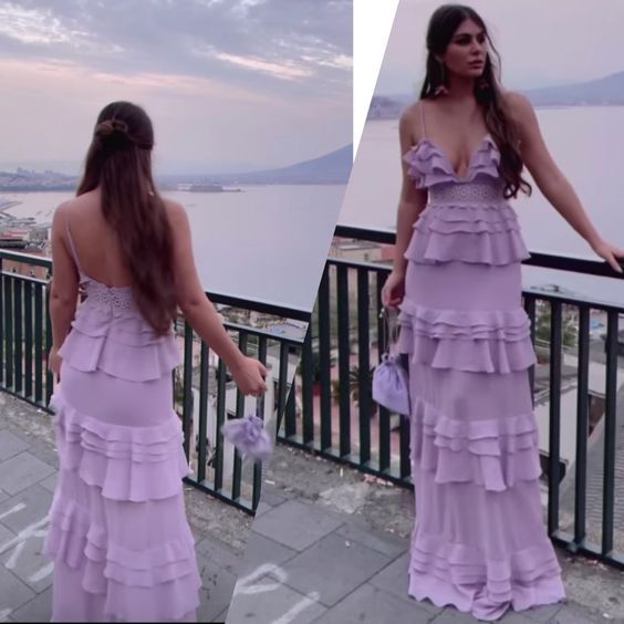 Elegant A line Long Lilac Chiffon Prom Dress 22th Birthday Outfits P2122