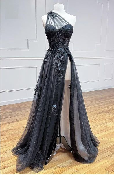 One Shoulder Black Lace Floral Long Prom Dresses with High Slit 21th Birthday Outfits P2187