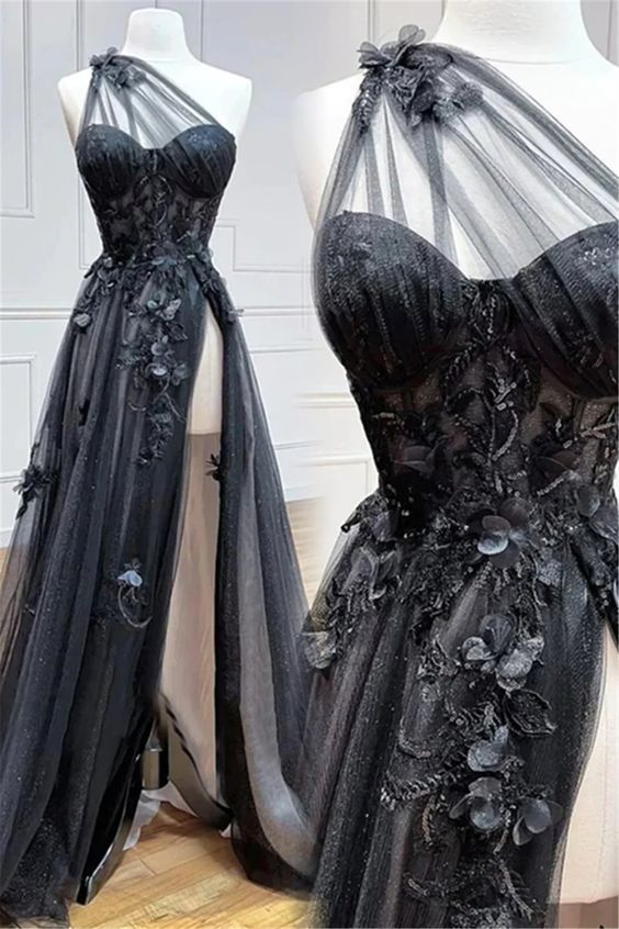 One Shoulder Black Lace Floral Long Prom Dresses with High Slit 21th Birthday Outfits P2187
