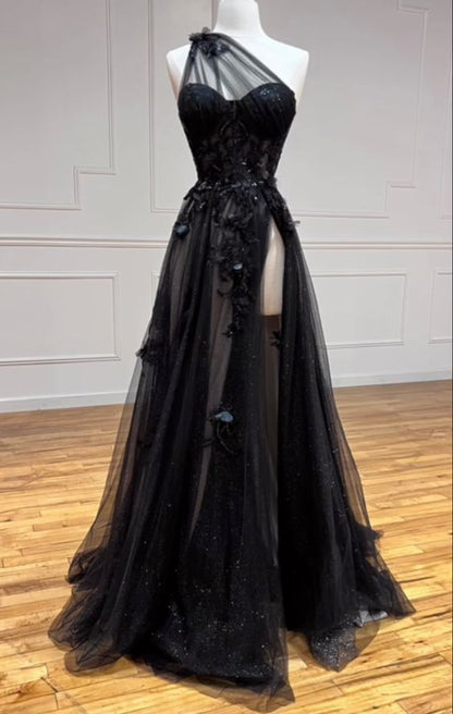 One Shoulder Black Lace Floral Long Prom Dresses with High Slit 21th Birthday Outfits P2187
