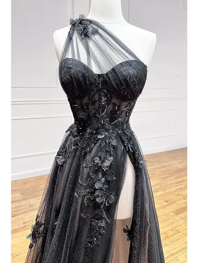 One Shoulder Black Lace Floral Long Prom Dresses with High Slit 21th Birthday Outfits P2187