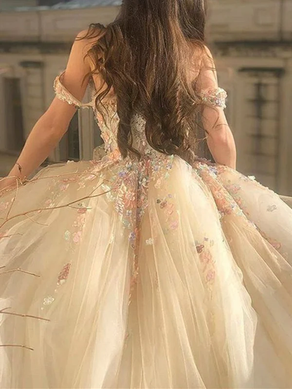Off the Shoulder Champagne Lace Floral Long Prom Dresses Birthday Outfits P2195